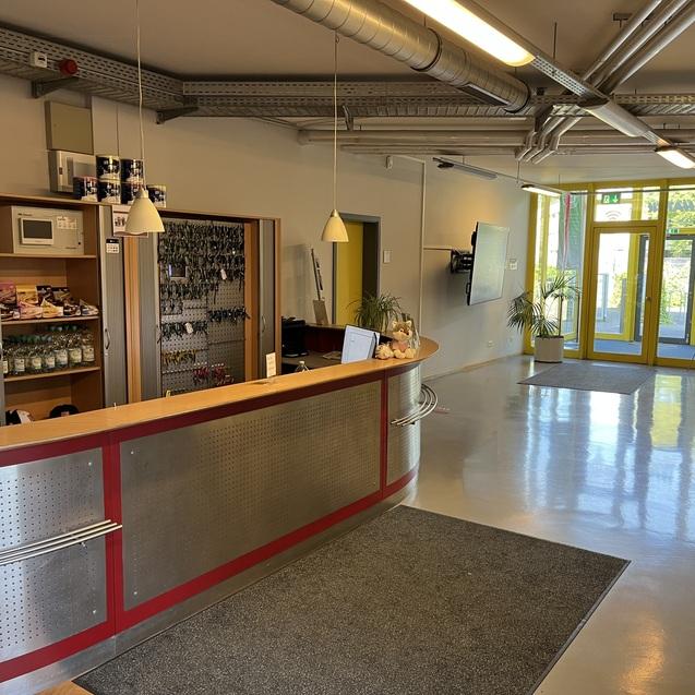 Empfangsbereich mit Theke, Snacks, Wartebereich und großen Fenstern, die Licht ins Innere lassen.