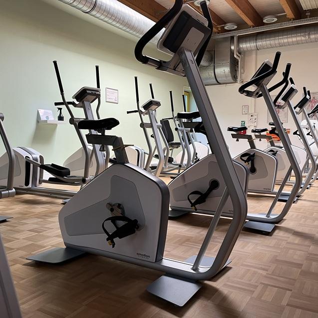 Reihe von modernen Crosstrainern in einem Fitnessstudio mit Holzfußboden und hellem Raum.