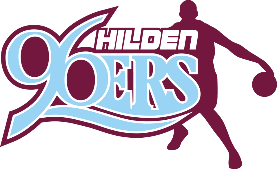Logo der Basketballmannschaft Hilden 96ers, mit stilisiertem Spieler und Schriftzug in Blau und Rot.