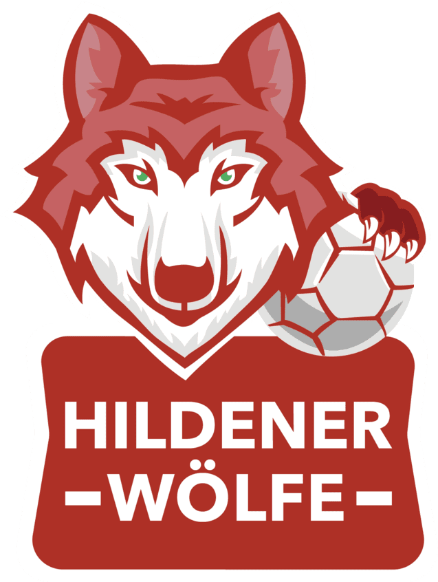 Wappen der Hildener W&ouml;lfe: wolfartiger Kopf in Rot und Wei&szlig; mit Fu&szlig;ball und dem Schriftzug &bdquo;HILDENER W&Ouml;LFE&ldquo;.