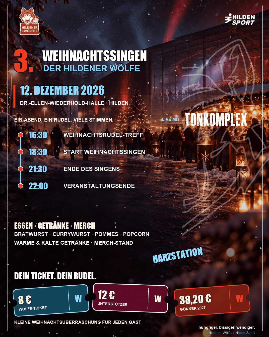 Plakat f&uuml;r das Weihnachtsingen der Hildener W&ouml;lfe mit Veranstaltungsdetails und Informationen zu Essen und Tickets.