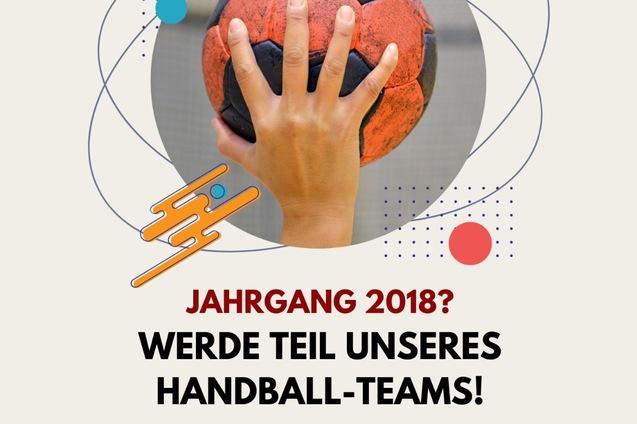 H&auml;ndedemonstration mit einem Handball vor buntem Hintergrund; Einladung zum Handballtraining f&uuml;r Jahrgang 2018.