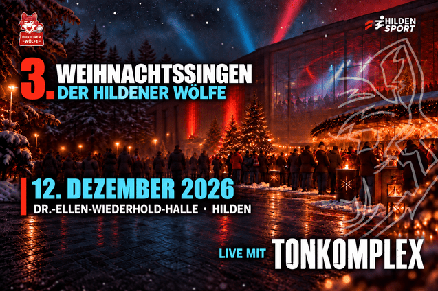Plakat f&uuml;r das Weihnachtsingen der Hildener W&ouml;lfe mit Datum, Ort und Veranstaltungshinweis auf Tonkomplex.