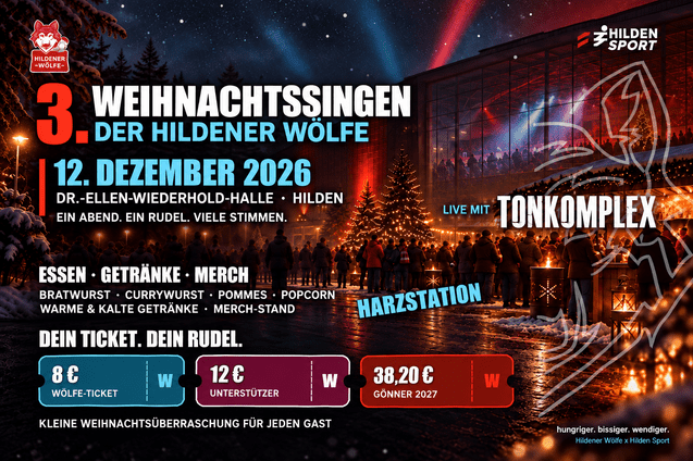 Ein Promotion-Plakat f&uuml;r das Weihnachtsingen der Hildener W&ouml;lfe am 12. Dezember 2026 mit Informationen zu Tickets, Essen und Unterhaltung.