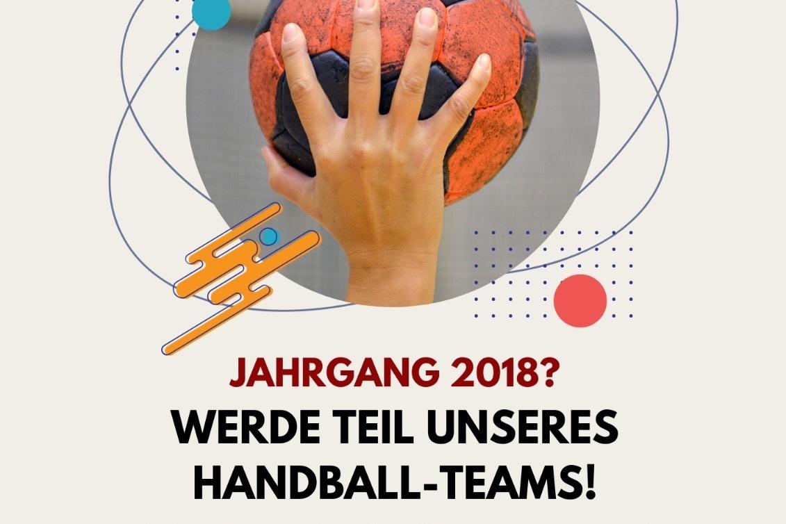 Händedemonstration mit einem Handball vor buntem Hintergrund; Einladung zum Handballtraining für Jahrgang 2018.