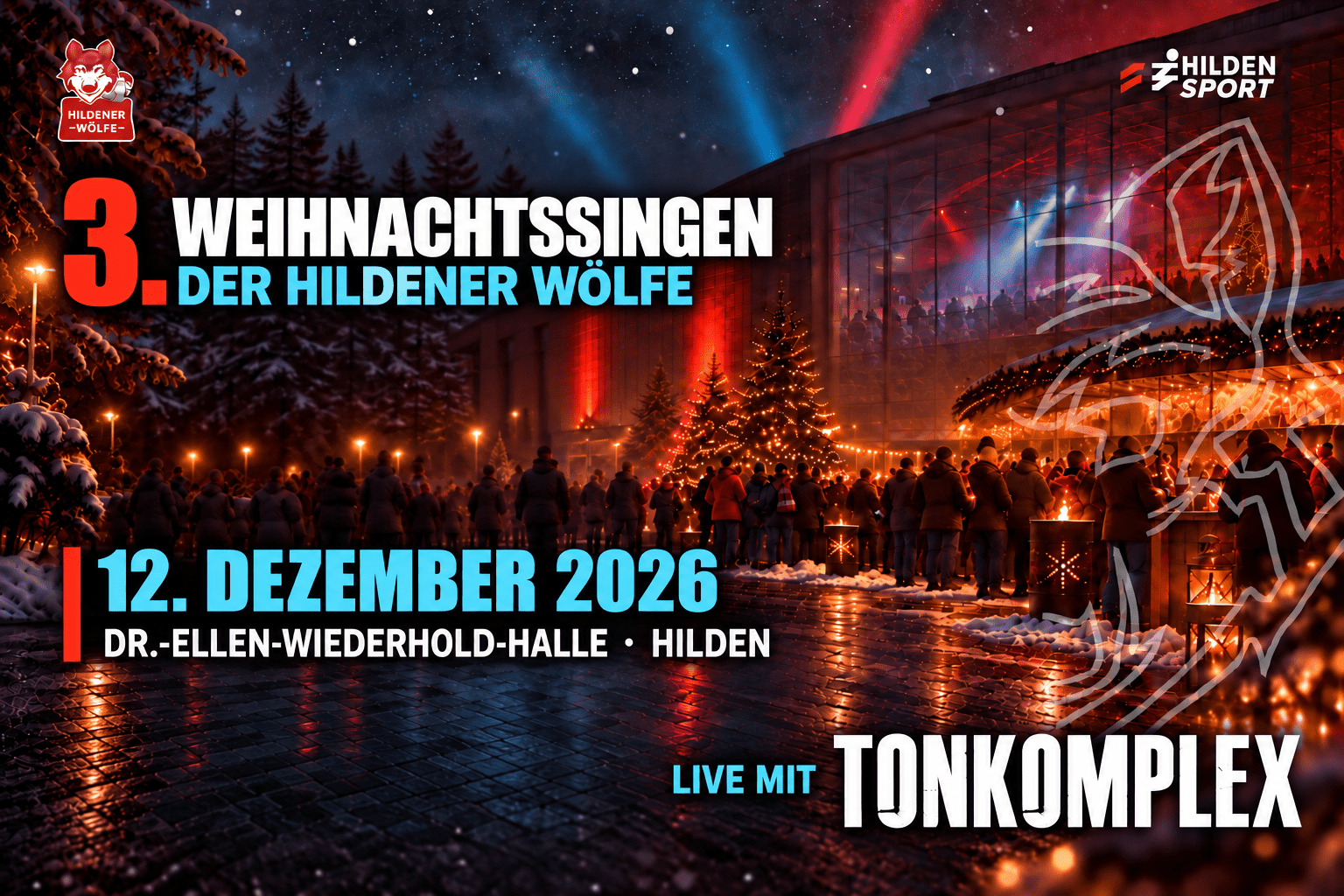 Plakat f&uuml;r das Weihnachtsingen der Hildener W&ouml;lfe mit Datum, Ort und Veranstaltungshinweis auf Tonkomplex.