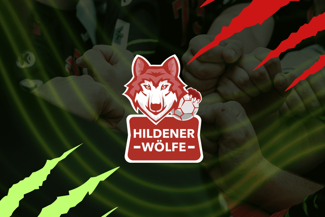 Logo der Hildener Wölfe mit ausgestreckten Händen und Kratzspuren auf einem stilisierten Hintergrund.