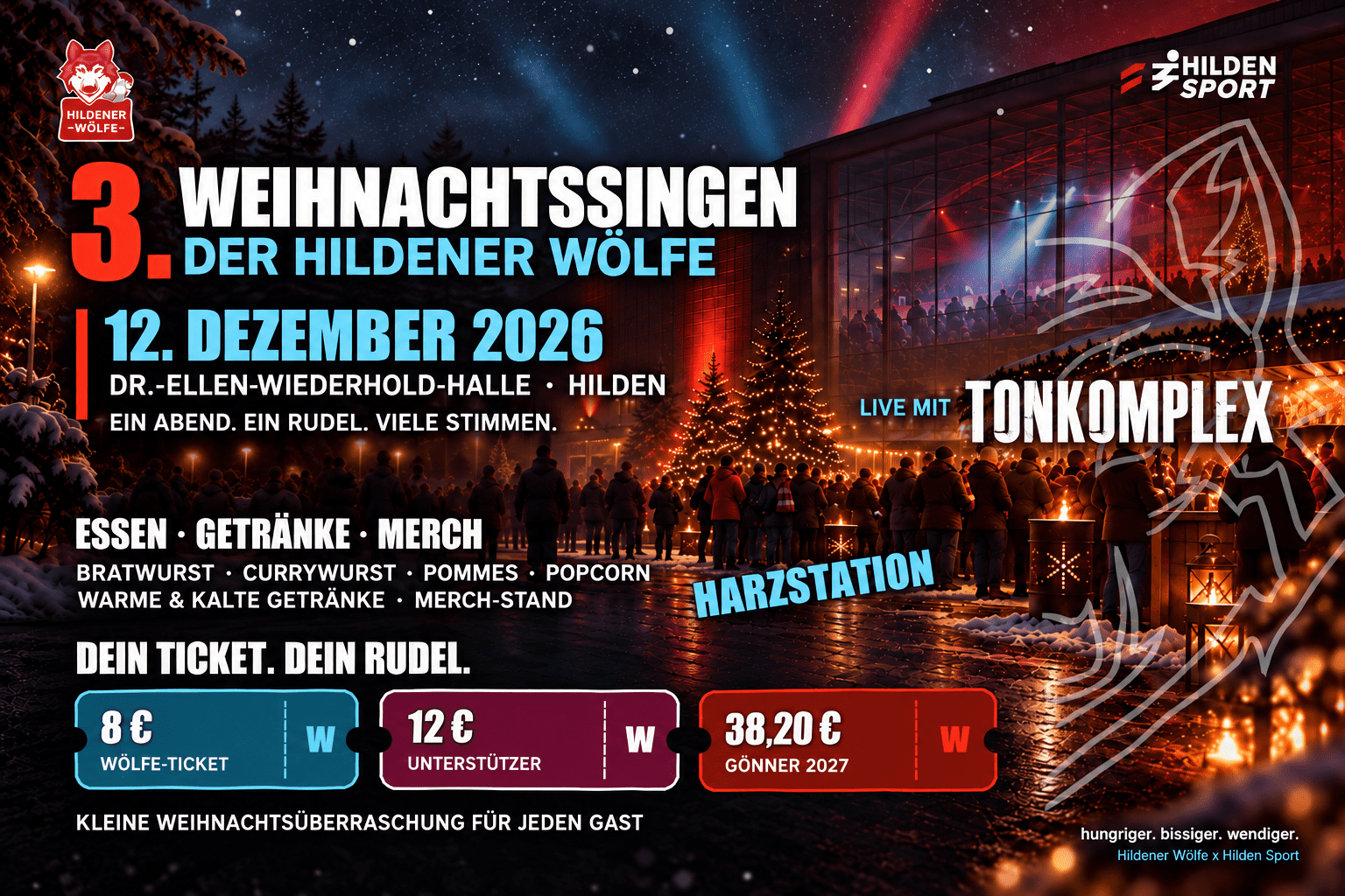 Ein Promotion-Plakat f&uuml;r das Weihnachtsingen der Hildener W&ouml;lfe am 12. Dezember 2026 mit Informationen zu Tickets, Essen und Unterhaltung.