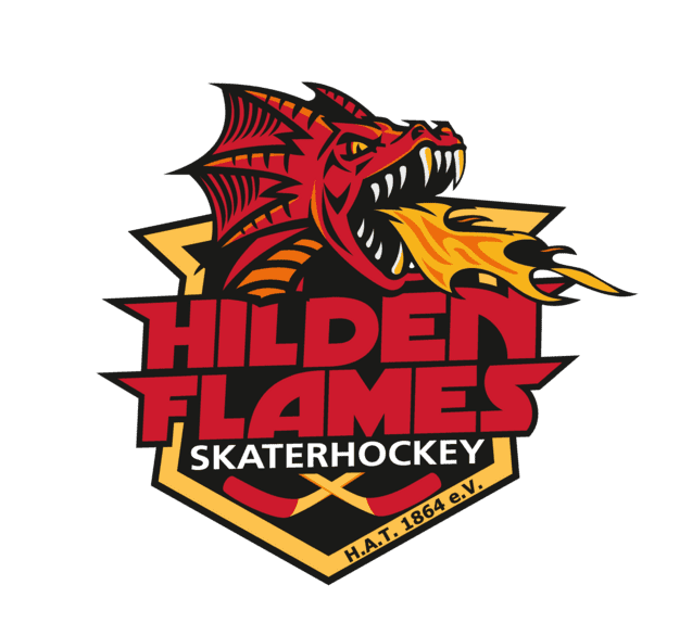 Logo der Hilden Flames mit einem roten Drachen, der Feuer speit, umgeben von sportlichem Schriftzug und Hockeyschlägern.