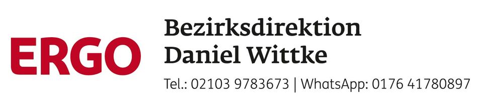 Logo der Bezirksdirektion ERGO mit Kontaktdaten von Daniel Wittke, inklusive Telefonnummer und WhatsApp-Nummer.