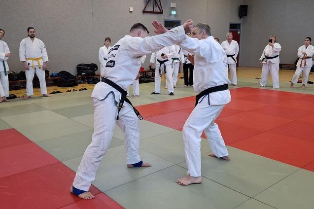 Zwei Kampfsportler in weißen Judogis trainieren in einem Wettkampf auf einer Tatami-Matte mit Zuschauern im Hintergrund.