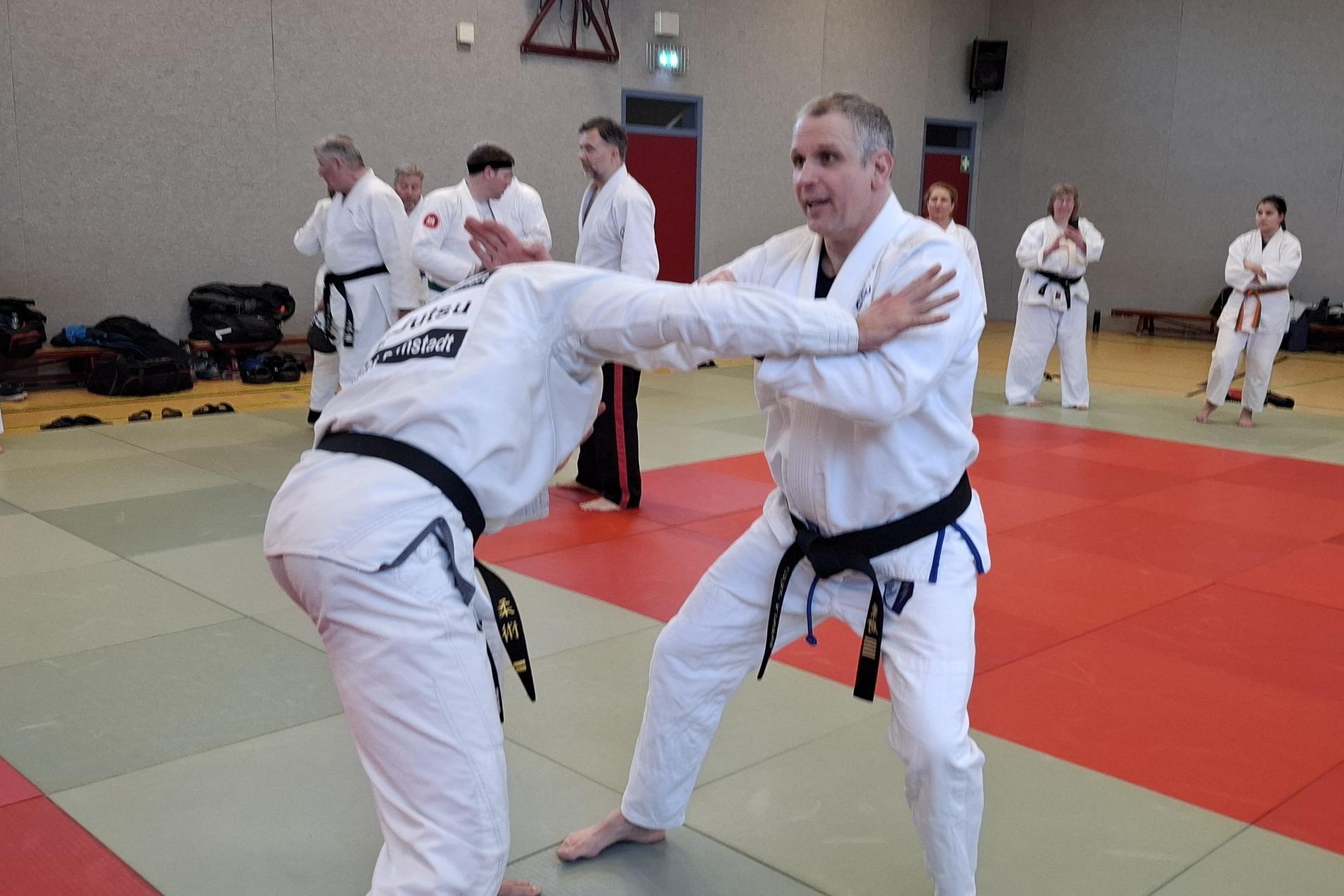 Zwei Kampfsportler in wei&szlig;en Gi-Kleidung &uuml;ben Techniken auf einer Trainingsmatte, w&auml;hrend weitere Teilnehmer im Hintergrund zuschauen.
