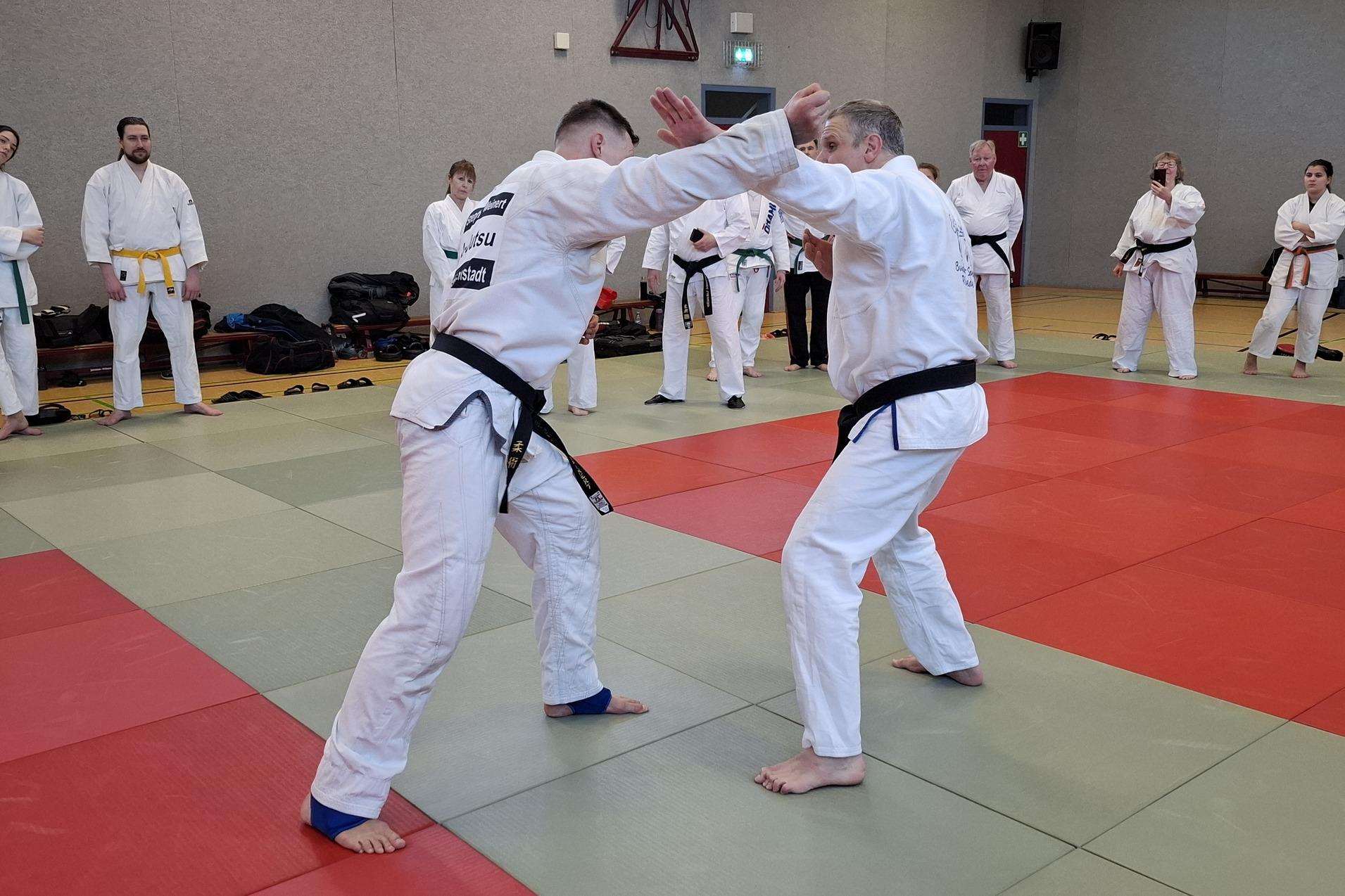 Zwei Kampfsportler in wei&szlig;en Judogis trainieren in einem Wettkampf auf einer Tatami-Matte mit Zuschauern im Hintergrund.