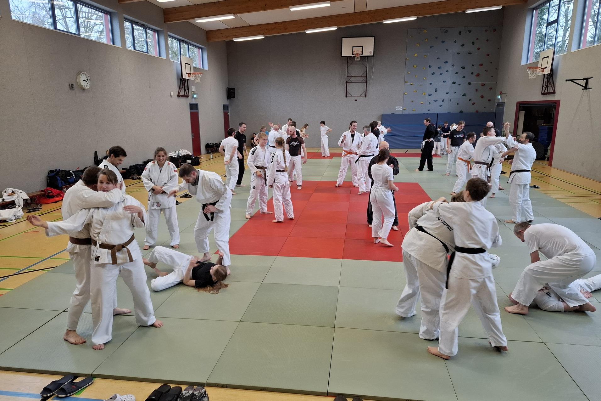 Gruppe von Kampfsportlern in weißen Anzügen trainiert in einer Sporthalle auf Matten.