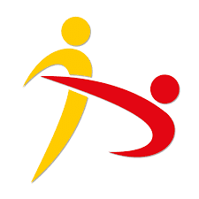 Logo mit stilisierten Figuren in Gelb und Rot, die Bewegung und Sportlichkeit symbolisieren.