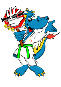 Ein blauer, cartoonartiger Drache trägt einen Karate-Anzug und hält ein Schild mit der Aufschrift „Nicht mit mir“.