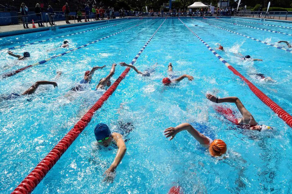 Gruppe von Schwimmern in einem Wettkampf schwimmt in einem blauen Schwimmbecken mit roten Linien.