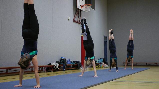 Vier Turnerinnen f&uuml;hren Handstand&uuml;bungen auf einer blauen Gymnastikmatte in einer Sporthalle aus.