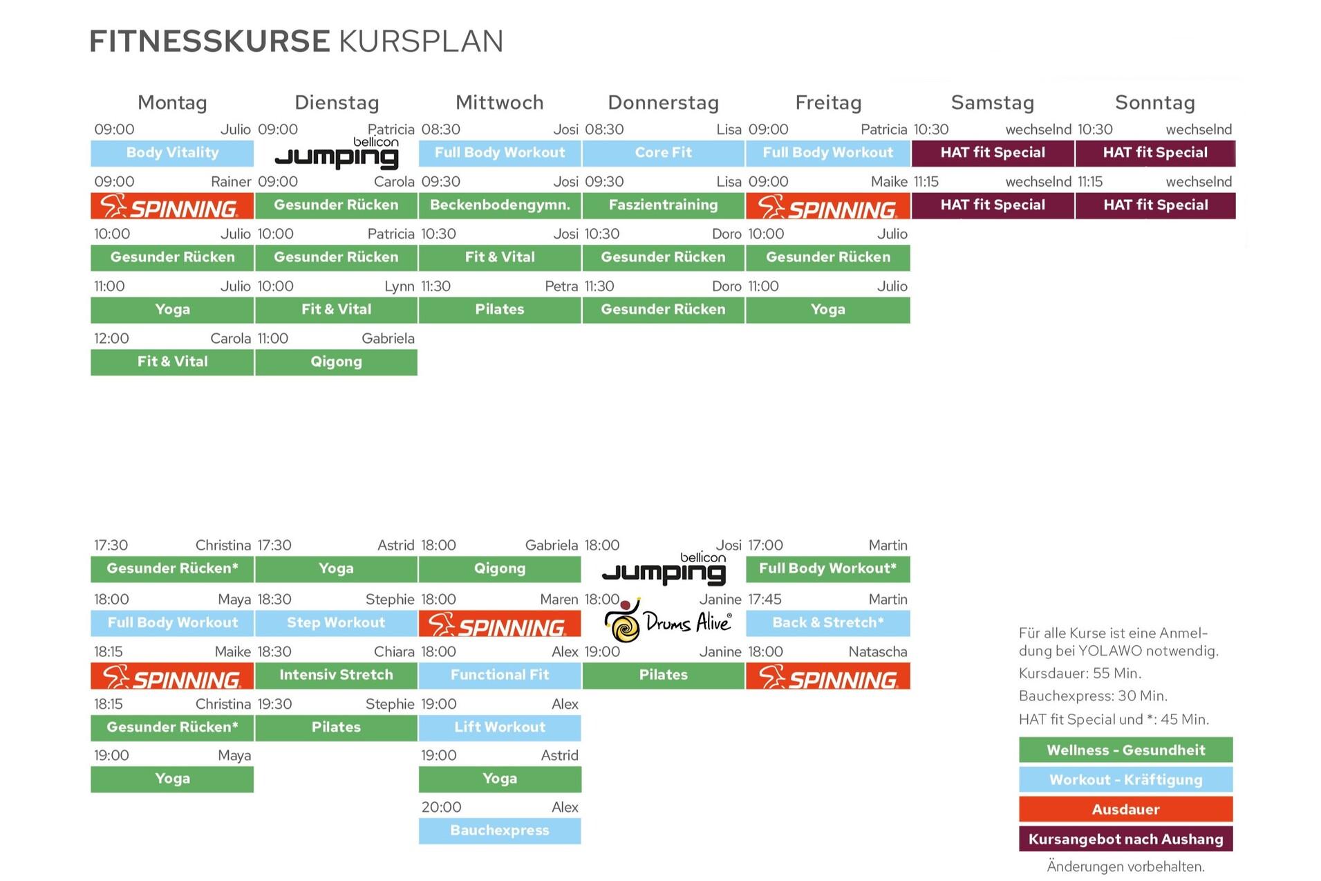 Kursplan für Fitnessangebote mit verschiedenen Kursen an Montag bis Sonntag, inklusive Zeiten und Übungsleiter.