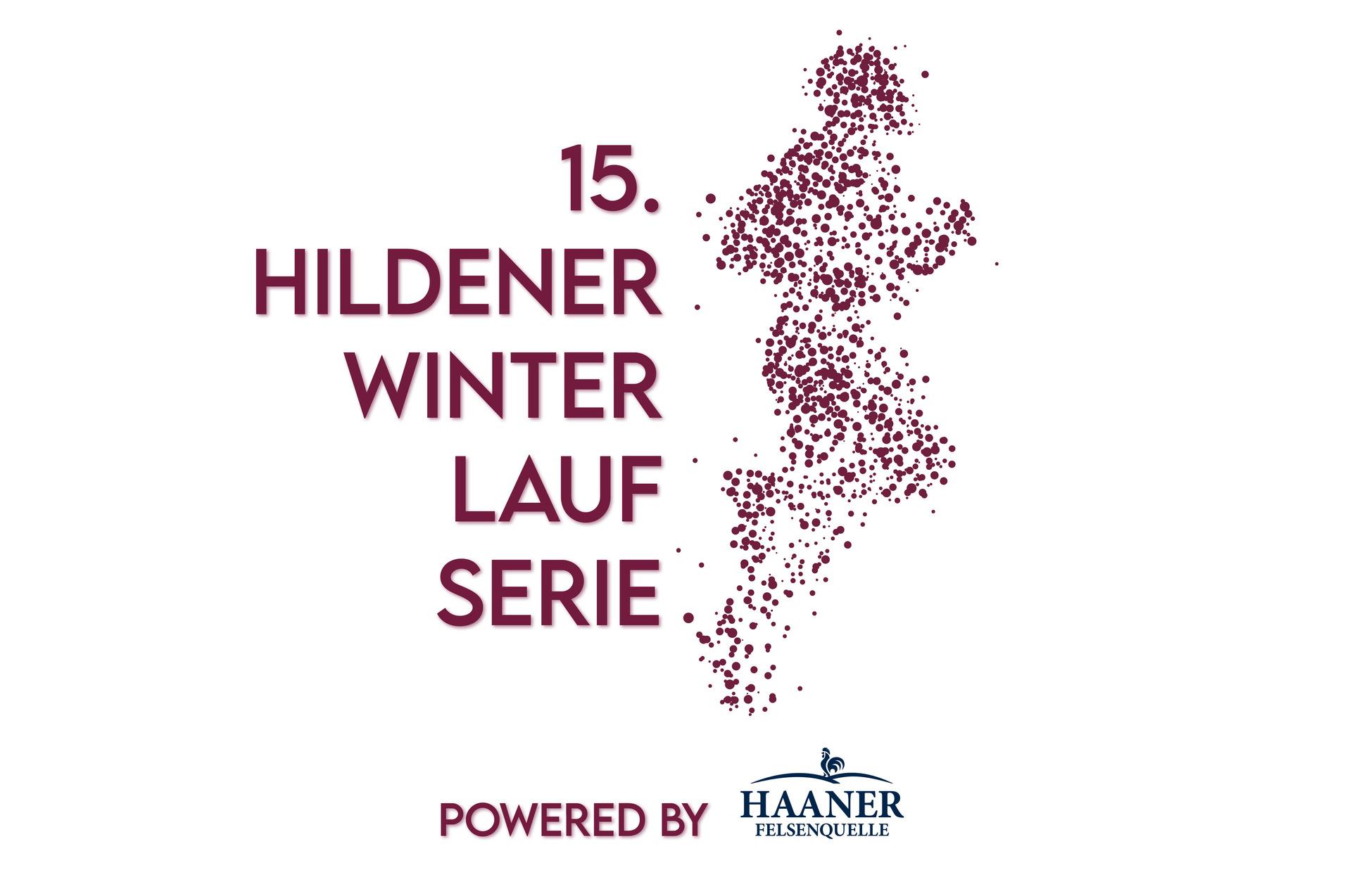 Logo der 15. Hildener Winter Lauf Serie mit einem laufenden Menschen und dem Schriftzug &bdquo;powered by Haaner&ldquo; in blauer Schrift.