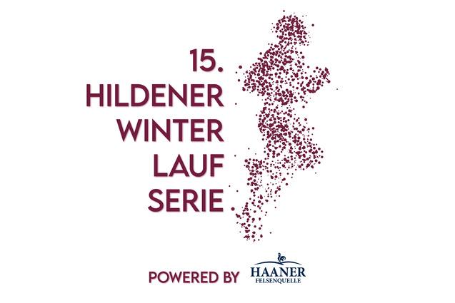 Logo der 15. Hildener Winter Lauf Serie mit einem laufenden Menschen und dem Schriftzug &bdquo;powered by Haaner&ldquo; in blauer Schrift.