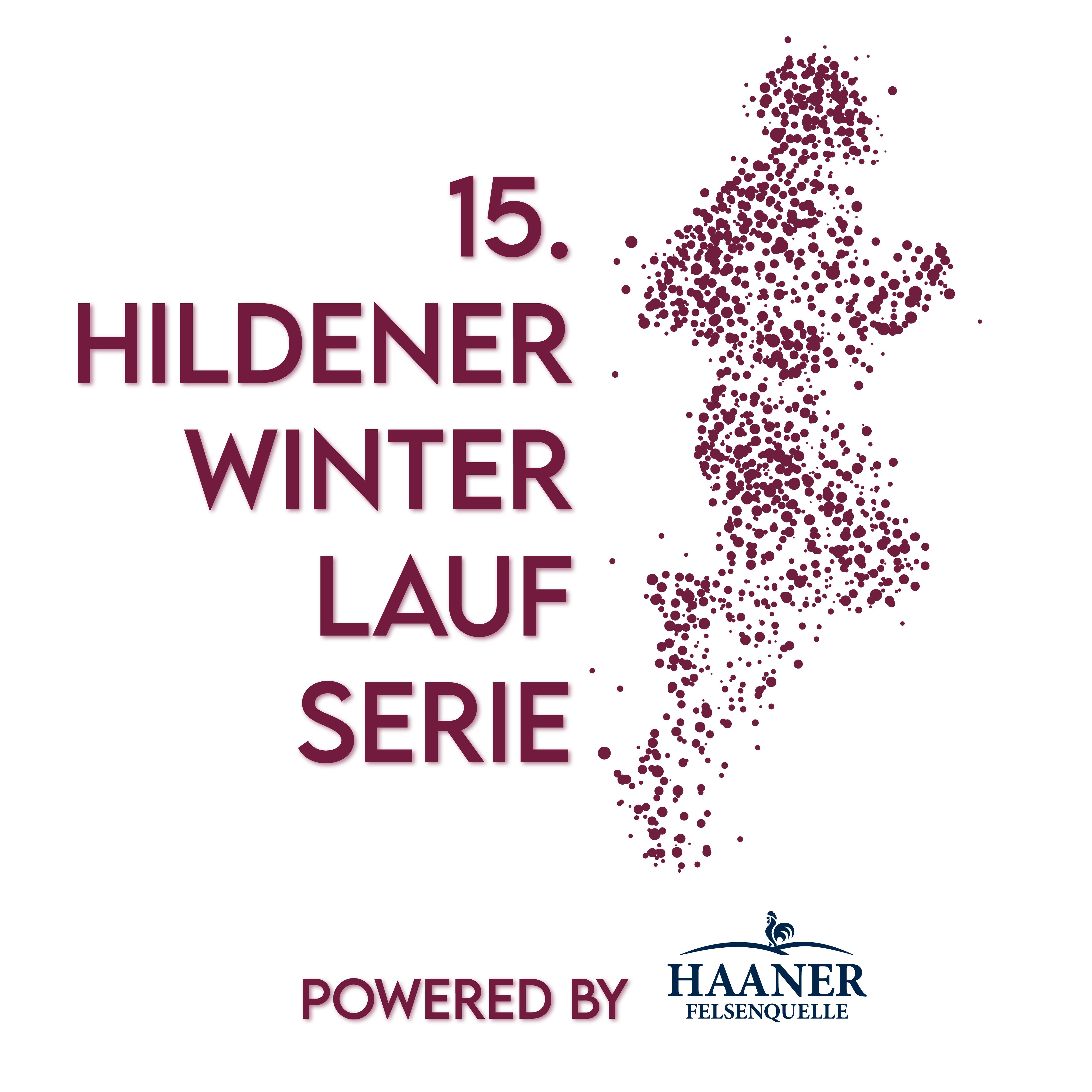 Logo der 15. Hildener Winterlauf-Serie mit streuenden Punkten und dem Schriftzug &bdquo;powered by Haaner Felsenquelle&ldquo;.