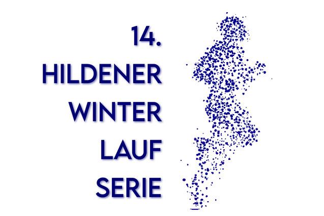 Logo der 14. Hildener Winterlaufserie mit Schriftzug und grafischem L&auml;ufer in blauen Punkten auf wei&szlig;em Hintergrund.