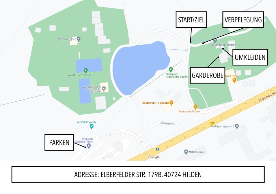 Kartenansicht mit markierten Bereichen: Start/Ziel, Verpflegung, Umkleiden, Garderobe und Parkmöglichkeiten in Hilden.