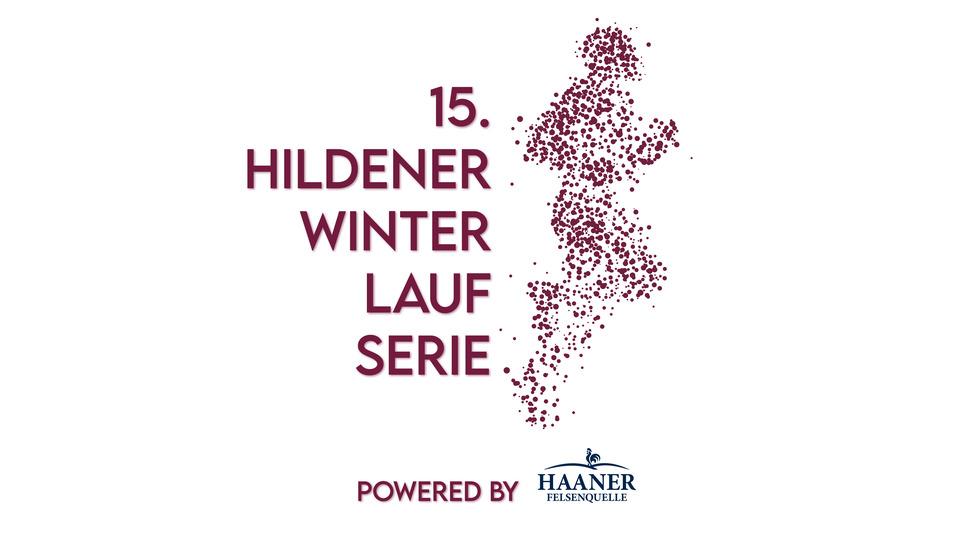 Logo der 15. Hildener Winter Lauf Serie mit einem laufenden Menschen und dem Schriftzug &bdquo;powered by Haaner&ldquo; in blauer Schrift.