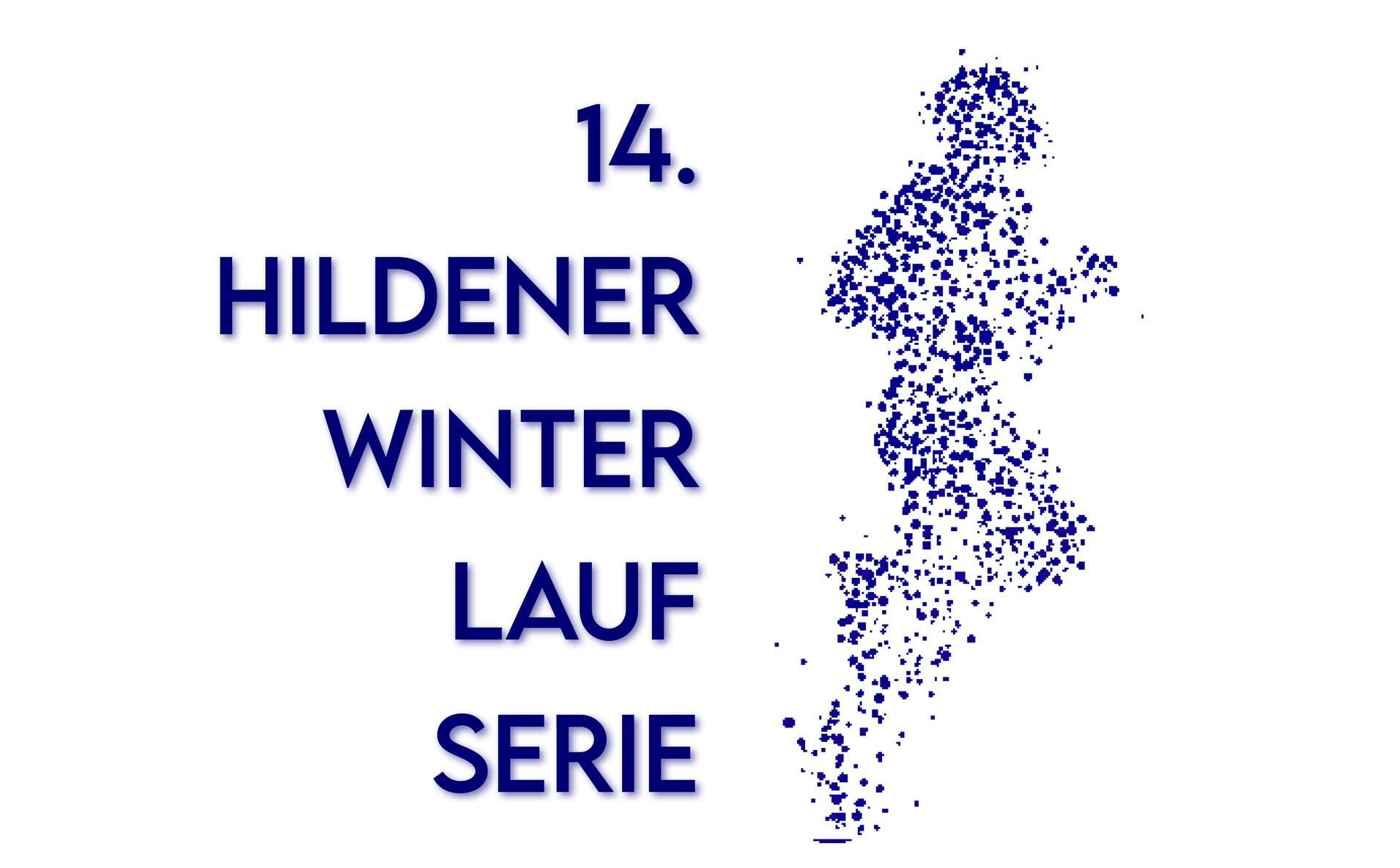 Logo der 14. Hildener Winterlaufserie mit Schriftzug und grafischem Läufer in blauen Punkten auf weißem Hintergrund.