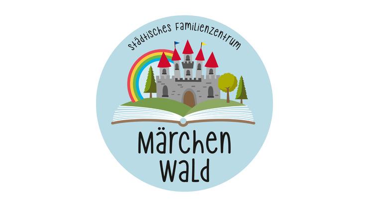 Logo des st&auml;dtischen Familienzentrums &bdquo;M&auml;rchenwald&ldquo; mit einer Burg, einem Regenbogen und einem aufgeschlagenen Buch.