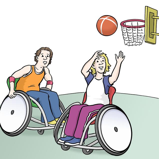 Zwei Personen im Rollstuhl spielen Basketball, während einer einen Wurf auf den Korb macht.