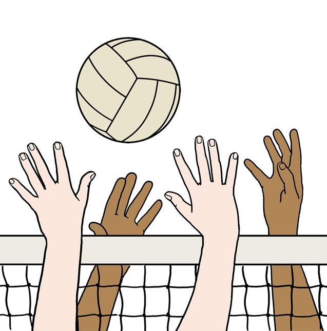 Hände verschiedener Hauttöne greifen nach einem Volleyball über einem Netz. Weiße Hintergrundfarbe.