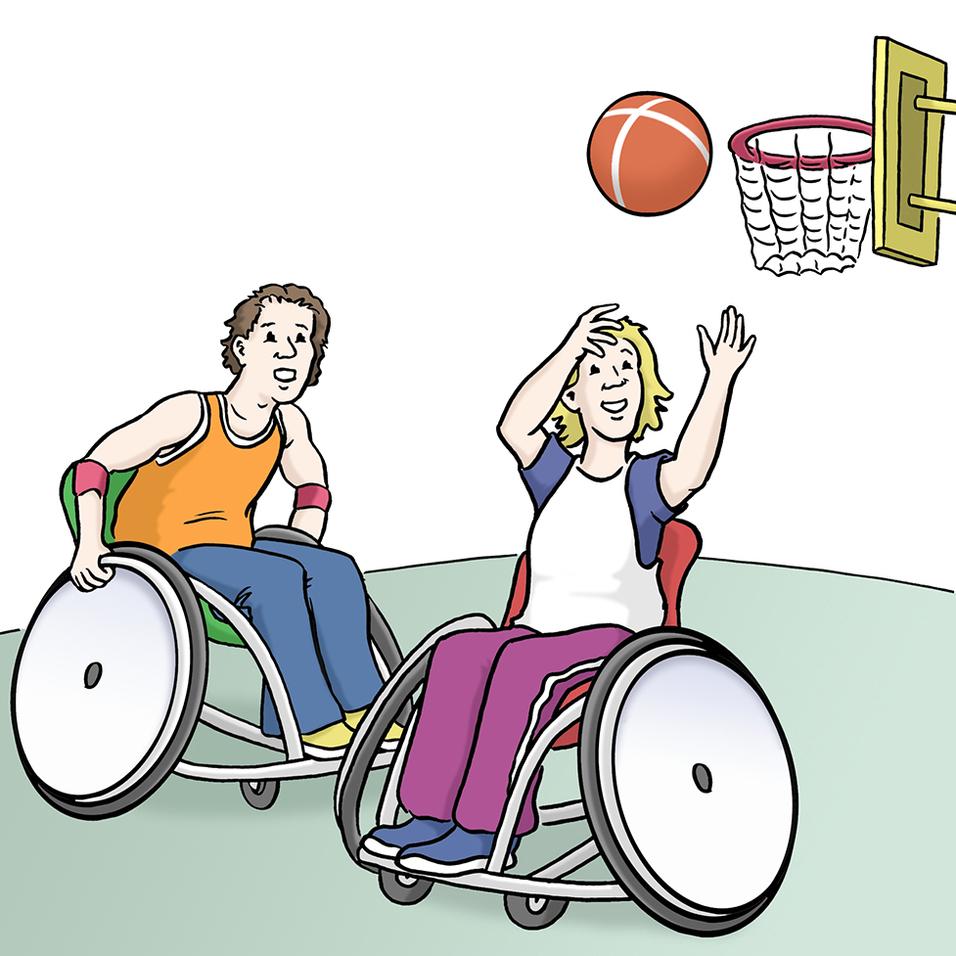 Zwei Personen im Rollstuhl spielen Basketball, w&auml;hrend einer einen Wurf auf den Korb macht.