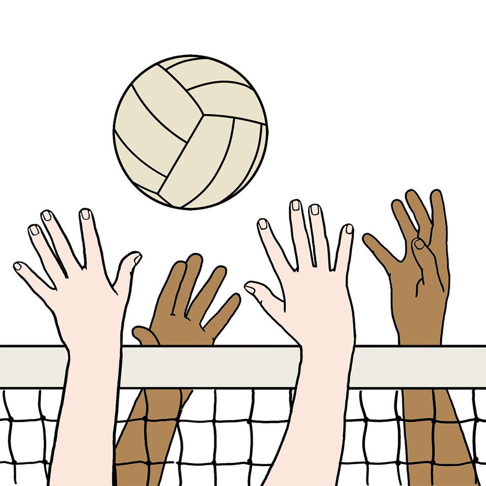 H&auml;nde verschiedener Hautt&ouml;ne greifen nach einem Volleyball &uuml;ber einem Netz. Wei&szlig;e Hintergrundfarbe.