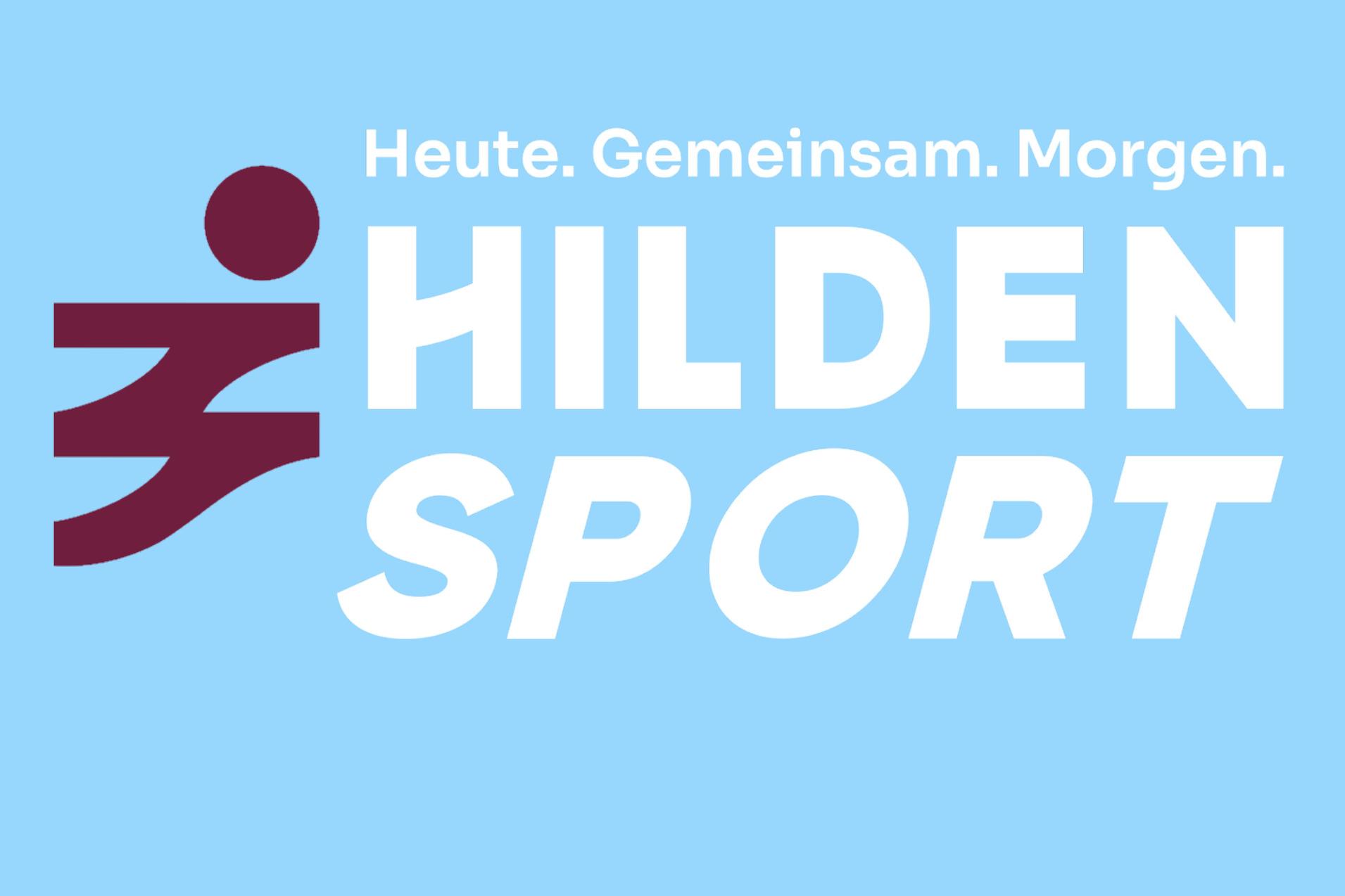 Logo von Hilden Sport mit dem Slogan „Heute. Gemeinsam. Morgen.“ auf blauem Hintergrund.