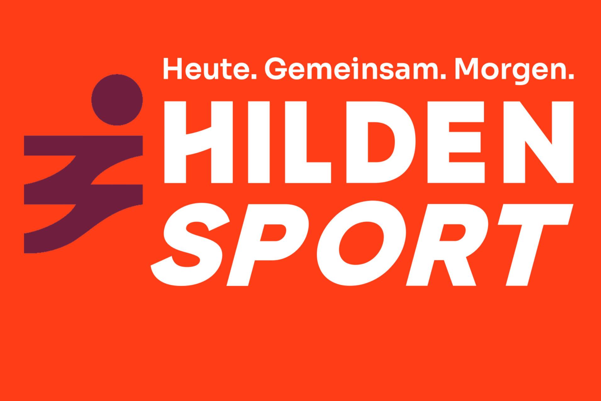 Logo von HildenSport auf rot-orangem Hintergrund mit dem Slogan „Heute. Gemeinsam. Morgen.“ und sportlicher Grafik.