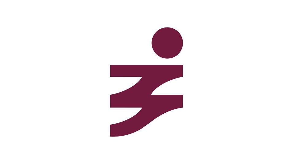 Abstraktes Logo eines laufenden Menschen in dunkellila auf hellem Hintergrund.