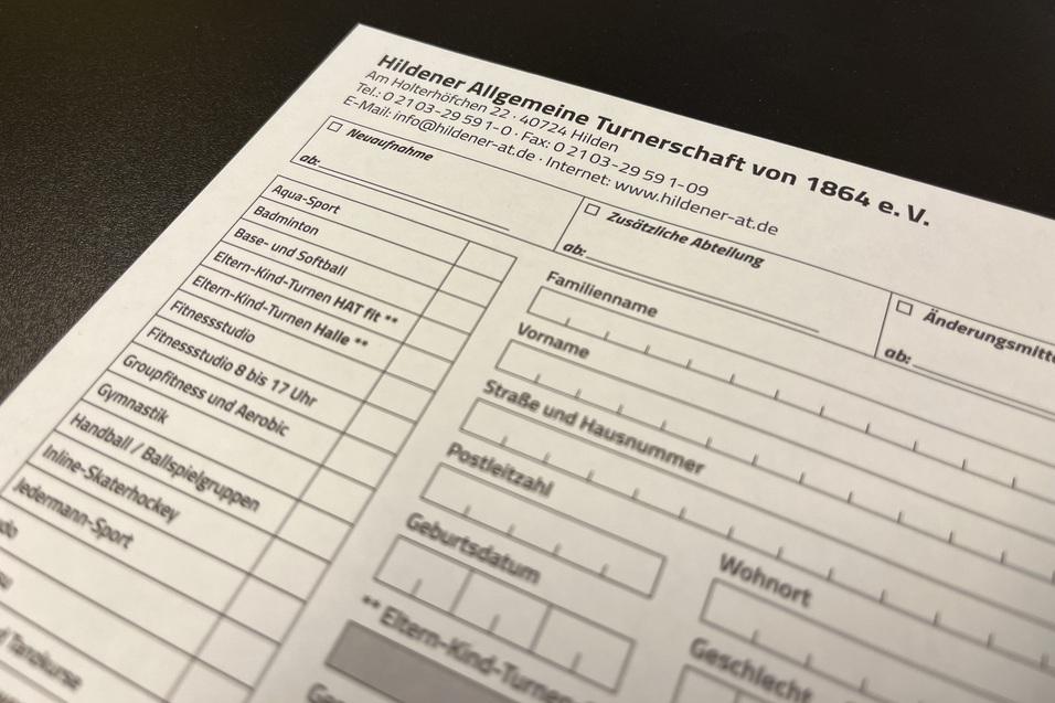 Formular der Hildener Allgemeinen Turnerschaft von 1864 e.V. mit sportlichen Anmeldedaten und pers&ouml;nlichen Angaben.