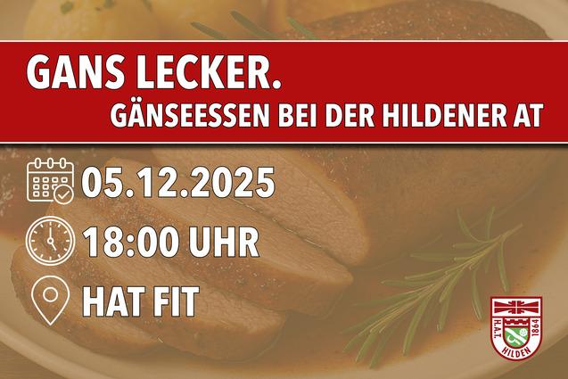 G&auml;nsebraten auf einem Teller mit Beilagen, Informationen zum G&auml;nseessen bei der Hildener AT am 05.12.2025 um 18:00 Uhr.