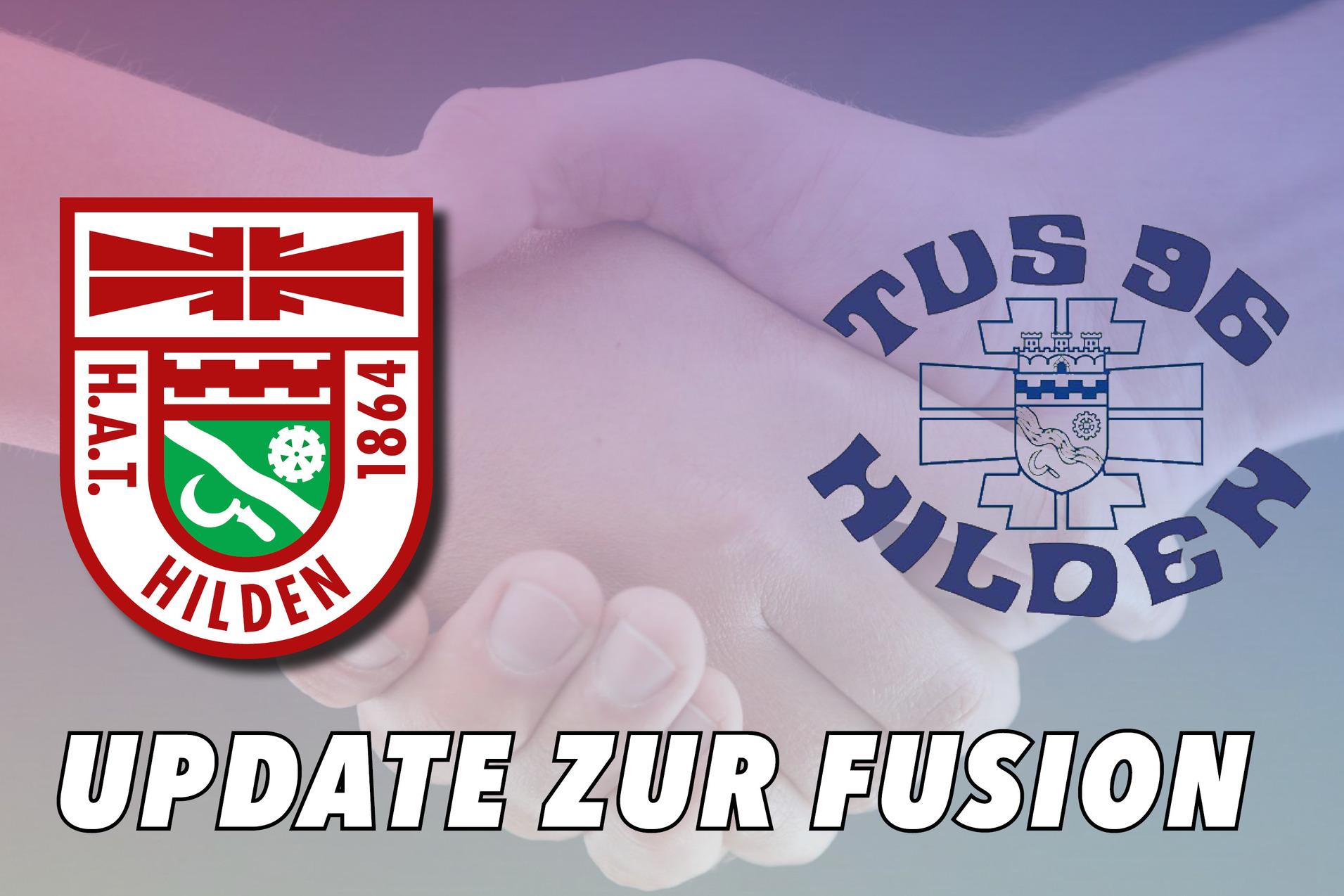 Logo von H.A.T. Hilden und TuS 06 Hilden mit zwei sich sch&uuml;ttelnden H&auml;nden und dem Text &bdquo;Update zur Fusion&ldquo;.