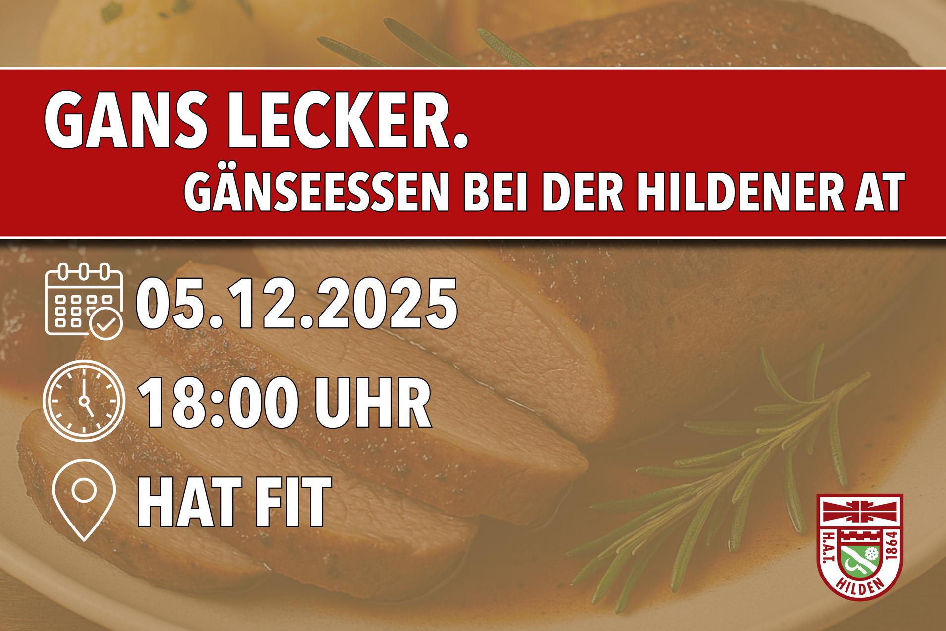 Gänsebraten auf einem Teller mit Beilagen, Informationen zum Gänseessen bei der Hildener AT am 05.12.2025 um 18:00 Uhr.