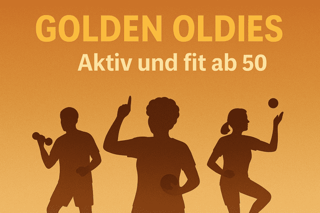 Silhouetten von aktivem &auml;lteren Paar mit Fitnessger&auml;ten vor orangem Hintergrund, begleitet von dem Text "Golden Oldies".