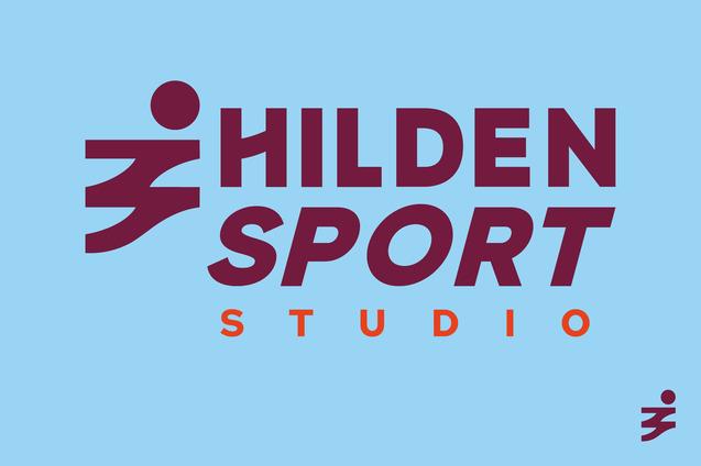 Logo von Hilden Sport Studio mit stilisierter laufender Figur auf blauem Hintergrund.