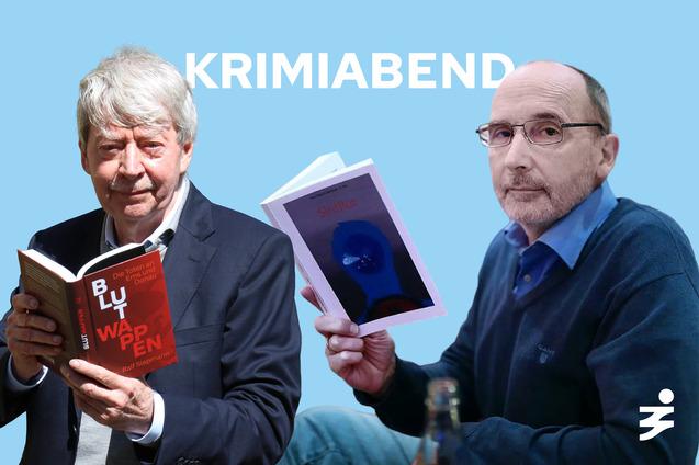 Zwei M&auml;nner lesen B&uuml;cher beim Krimiabend; der Titel &bdquo;Blutwaffen&ldquo; und ein weiteres Buch sind sichtbar.