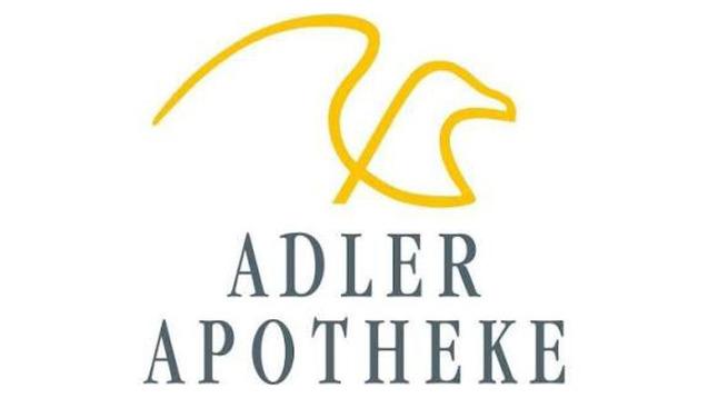 Logo der Adler Apotheke mit stilisiertem Adler und Schriftzug in Grau und Gelb.