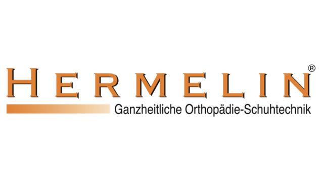 Logo von Hermelin, ganzheitliche Orthop&auml;die-Schuhtechnik, mit orangefarbener Schrift auf hellem Hintergrund.