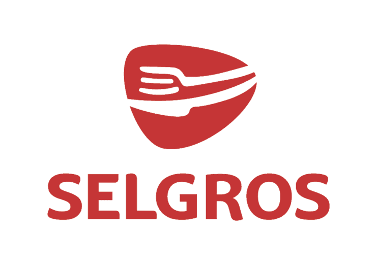 Logo von Selgros mit einer Gabel und einem Teller in Rot und Wei&szlig;.