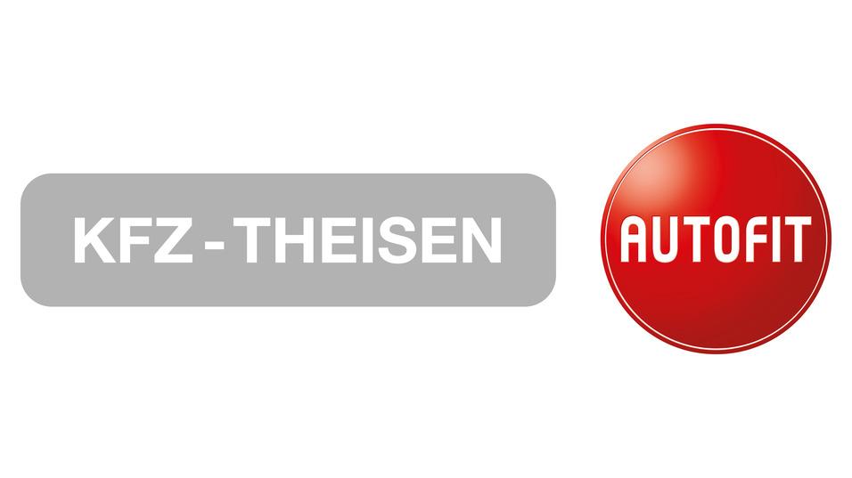 Logo von KFZ-Theisen mit dem Schriftzug in Grau und dem roten AUTOFIT-Symbol daneben.