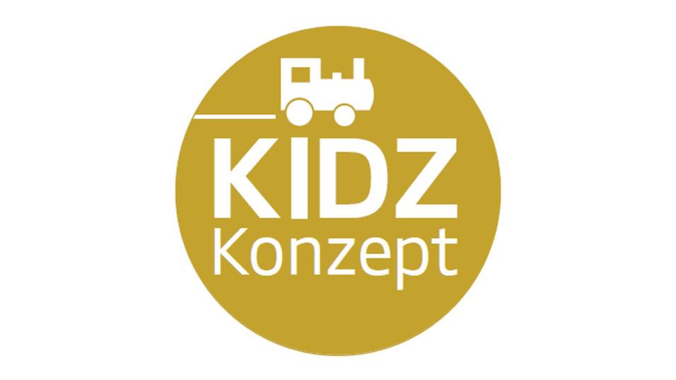 Logo von "KIDZ Konzept" mit einem Spielzeuglastwagen auf einem goldenen Hintergrund.
